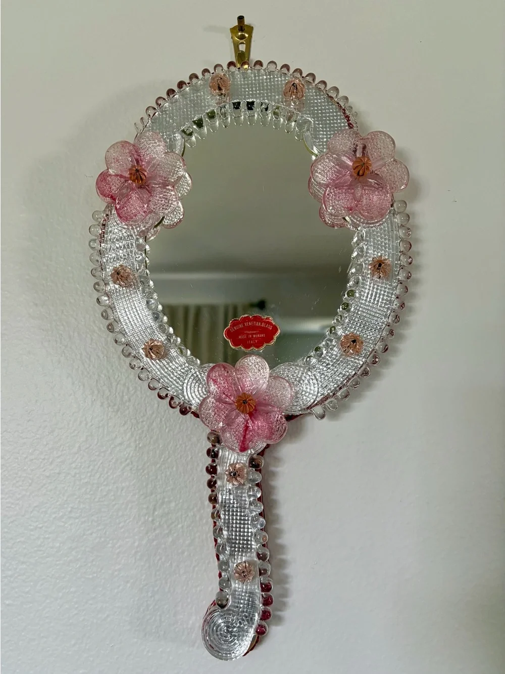 1950s Vintage Italian Venetian Hand-Blown Pink Floral Murano Glass Hand Mirror